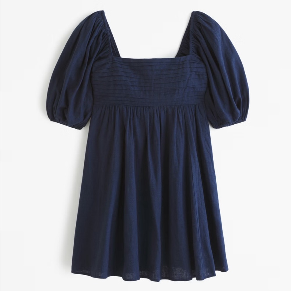 The A&F Emerson Linen-Blend Puff Sleeve Mini Dress Navy Size Large Tall